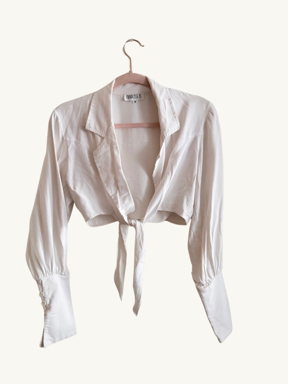 Narcissus White Tie-Front Cropped Blouse S Dramatic Pointed Cuffs